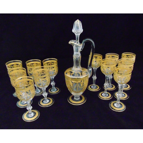 162 - A set of continental cut glass and gilded wine glasses and a matching decanter with drop stopper dec... 
