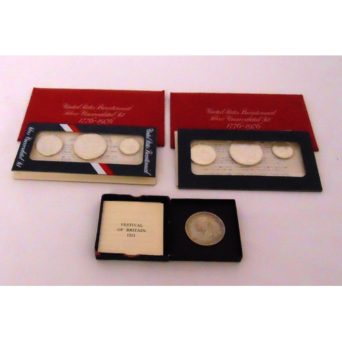 237 - 1951 Festival of Britain silver crown in original fitted case and documents and two sets of United S... 