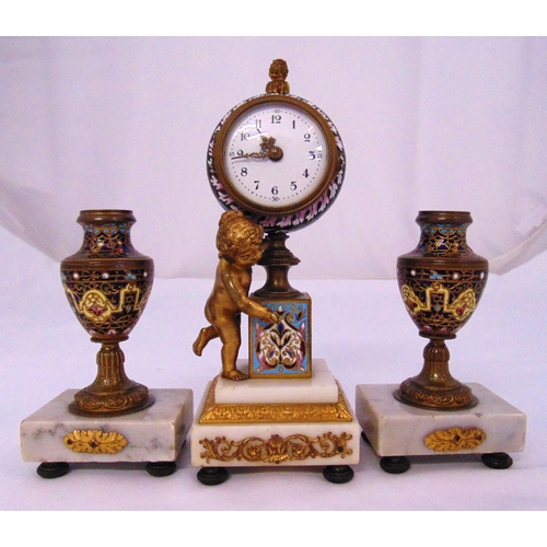 239 - A French 19th century ormolu and champlevé mantle clock, the white enamel dial with Arabic numerals ... 