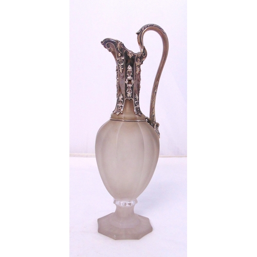 305 - A Victorian hexagonal frosted glass claret jug with hallmarked silver mounted scroll handle terminat... 