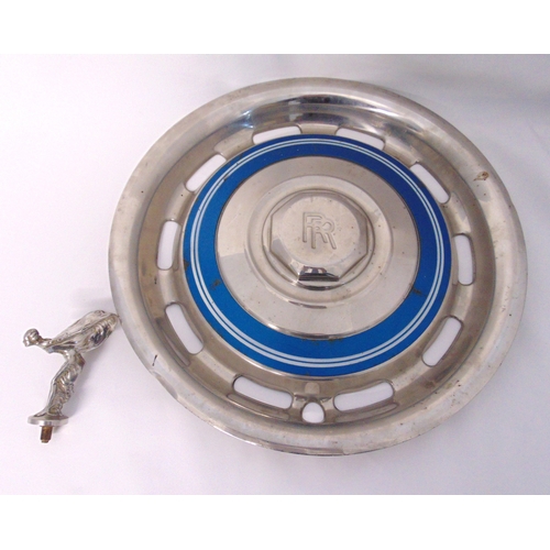 172 - Rolls Royce Spirit of Ecstasy car radiator cap 11cm (h) and a Rolls Royce hub cap 42.5cm (d)