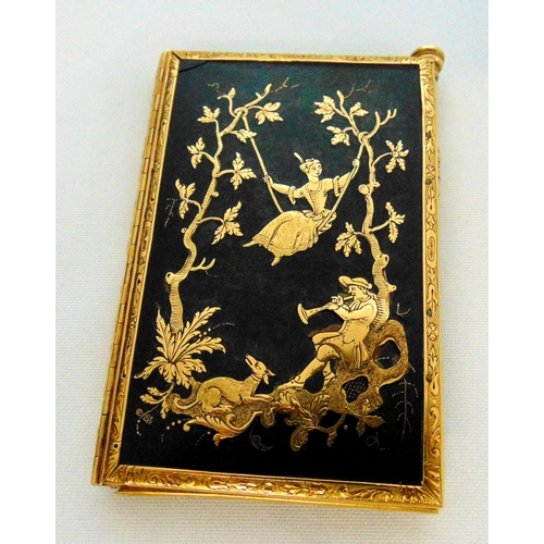 253 - Gold and black onyx rectangular aide-mémoire, the hinged covers decorated with courtly scenes in the... 
