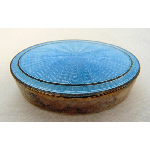 344 - Mappin and Webb hallmarked silver and enamel oval powder box, plain sides and hinged cover, approx. ... 