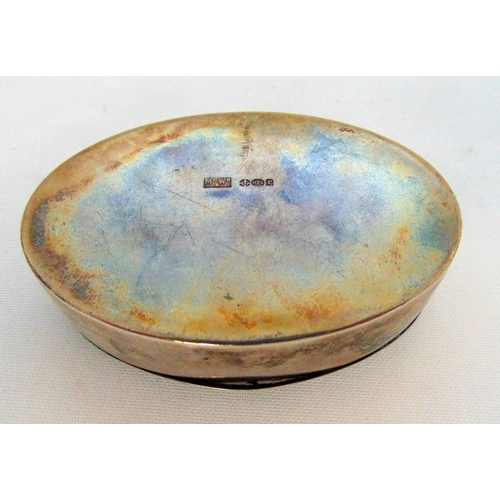 344 - Mappin and Webb hallmarked silver and enamel oval powder box, plain sides and hinged cover, approx. ... 