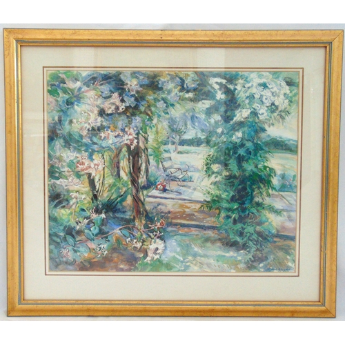 37 - John Wright framed and glazed gouache titled Hazel Kayes Garden, signed bottom right, gallery label ... 