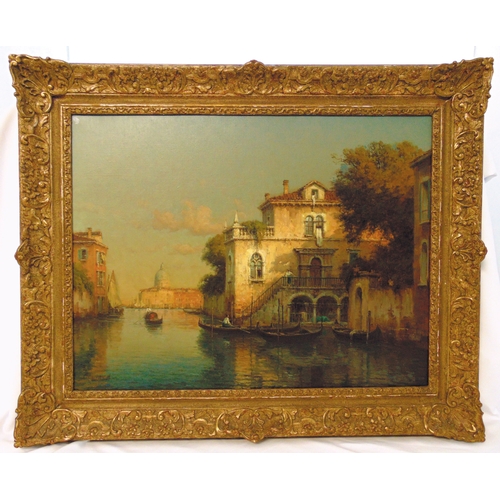 38 - Antoine Bouvard framed oil on canvas of a Venetian canal scene with gondolas in the foreground and t... 