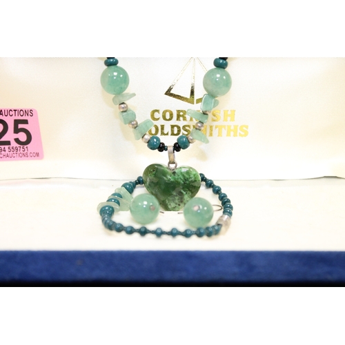 125 - Moss Gate heart and Jade necklace with bracelet and earrings boxed