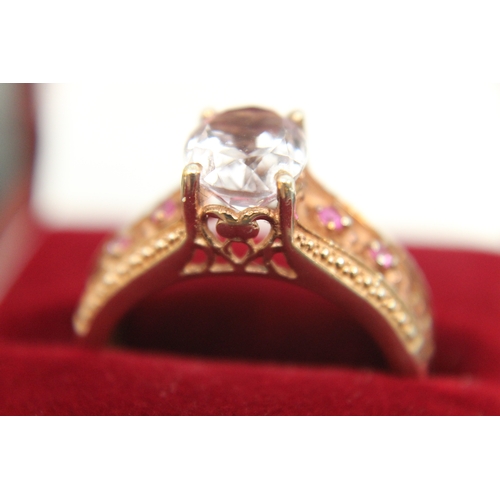 127 - Rose gold colour metal on 925 silver ring with clear large stone & small pink stones size V