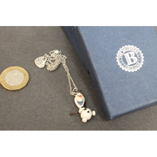 15 - 925 silver Olaf from frozen pendant on chain with a heart saying "I like warm hugs"