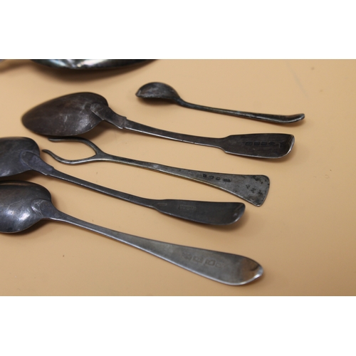 235 - Hallmarked Chester Georgian silver large serving spoon, 3 x teaspoons & a prong fork all hallmarked ... 