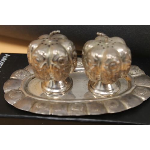 236 - Sterling silver oval small tray cruet set marked Sterling silver weight 88.9 gms