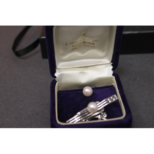 247 - Mikimoto Pearl and Sterling silver tie pins in original box