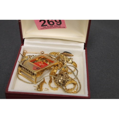 269 - Small box of yellow metal jewellery