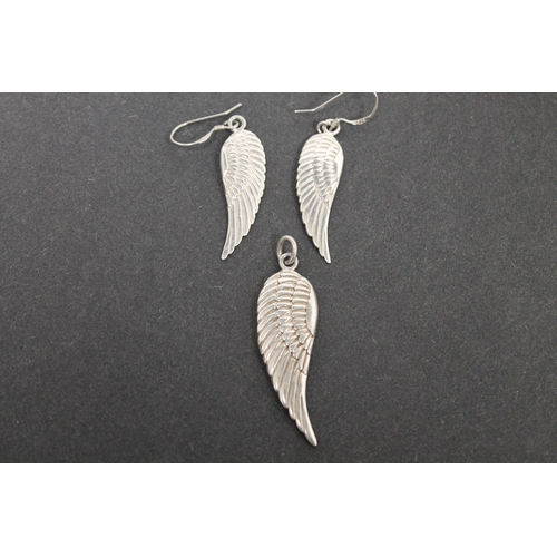 307 - 925 silver large angel wing pendant and matching earrings