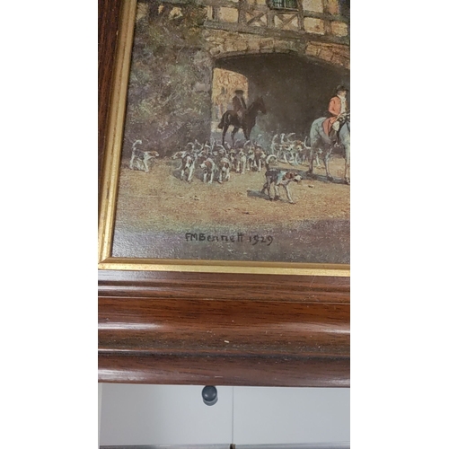 57 - Print by F. Bennett, 1929, depicting a rural scene with figures and horses, framed in dark wood. H 4... 