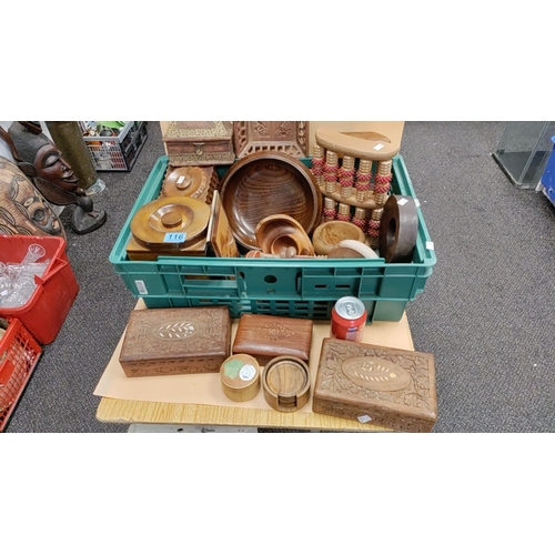 116 - Job lot of wooden boxes, treen and other carved items including foot massager tray and coasters