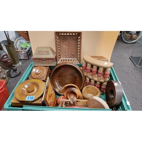 116 - Job lot of wooden boxes, treen and other carved items including foot massager tray and coasters