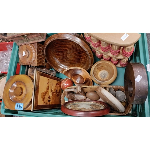 116 - Job lot of wooden boxes, treen and other carved items including foot massager tray and coasters