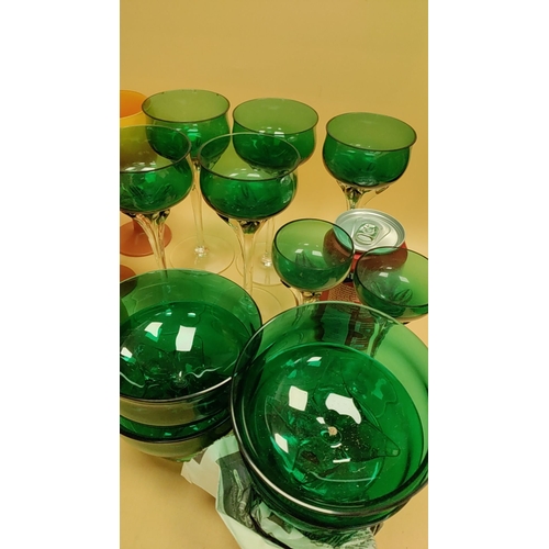 125 - green glasses A/F with bowls and orange glasses set. Both vintage