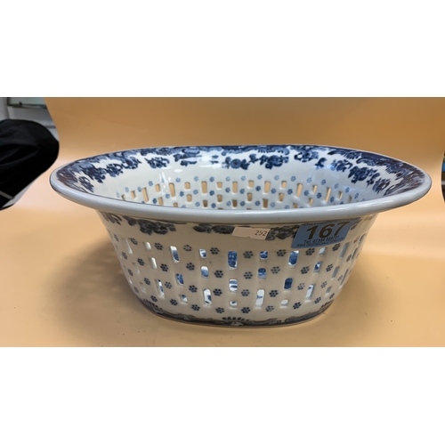 167 - Large Blue and White Ironstone with cut out detail and decorative blue flowers