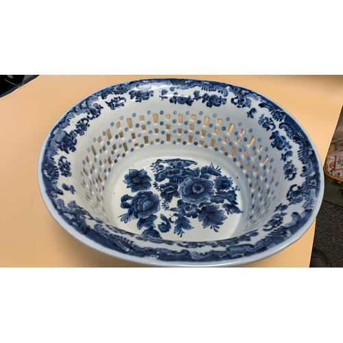 167 - Large Blue and White Ironstone with cut out detail and decorative blue flowers