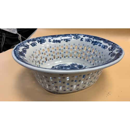 167 - Large Blue and White Ironstone with cut out detail and decorative blue flowers