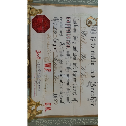 171 - Royal Antediluvian order of Buffaloes, Initiation 1st Degree certificate 1929 60cm x 43cm