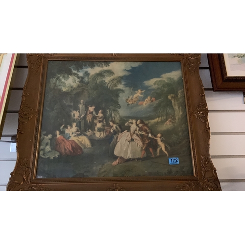 172 - Large Antique print of figures in a classical landscape in an Ornate frame 64cm x 65cm