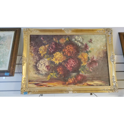 174 - Large oil painting on canvas of chrysanthemums. Signed by Ross Reid. H 74.5cm x 104cm