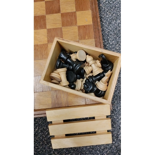 202 - Wooden Vintage chess board 43cm x 43cm with chess pieces all complete