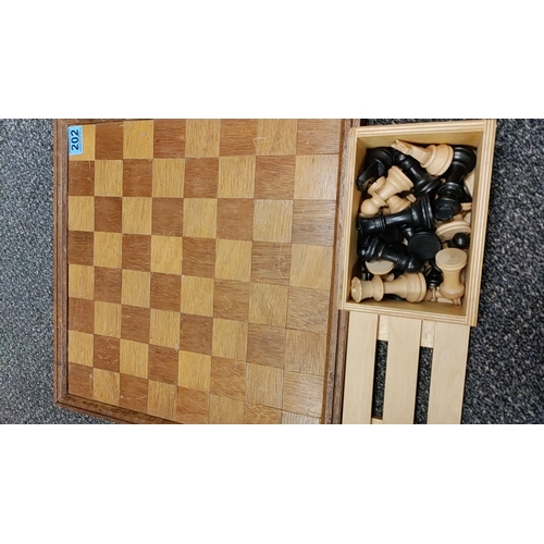 202 - Wooden Vintage chess board 43cm x 43cm with chess pieces all complete