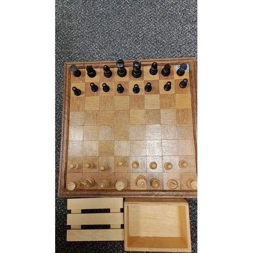 202 - Wooden Vintage chess board 43cm x 43cm with chess pieces all complete