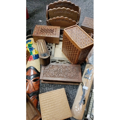 206 - Job lot of treen, trays, letter racks, inlaid boxes, a boxed harmonica and a signed mini cricket bat