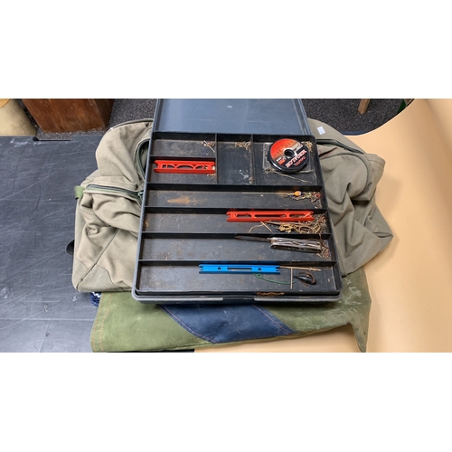 231 - Joblot of fishing equipment including tackle box, duffel bag, a net with bag and four rods