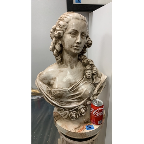 247 - Plaster bust of woman set on a metal and plaster marble effect pillar. Stands 148cm tall x 40cm wide... 