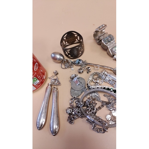 264 - Job lot of white metal to inc jewellery, Cutlery and napkin ring