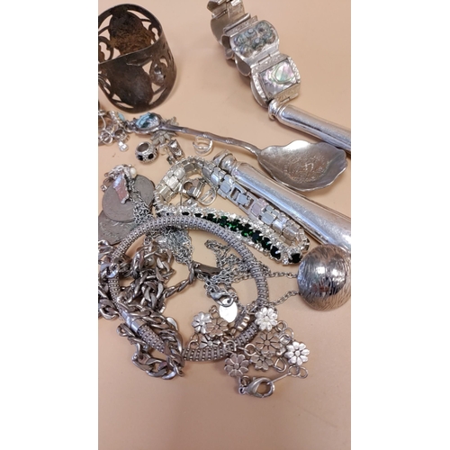 264 - Job lot of white metal to inc jewellery, Cutlery and napkin ring