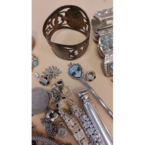 264 - Job lot of white metal to inc jewellery, Cutlery and napkin ring