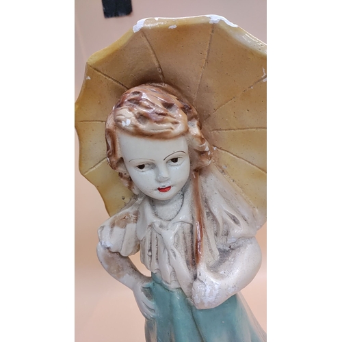 48 - Chalkware vintage girl with umbrella figurine