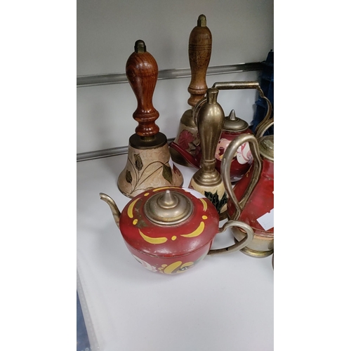 54 - Vintage barge ware brass enamelled and hand painted bells and teapots