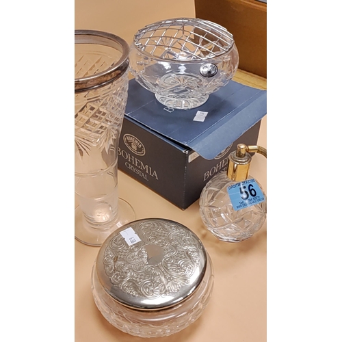 56 - Cut glass boxed Posey bowl, perfume bottle, trinket dish and hallmarked silver rimmed vase