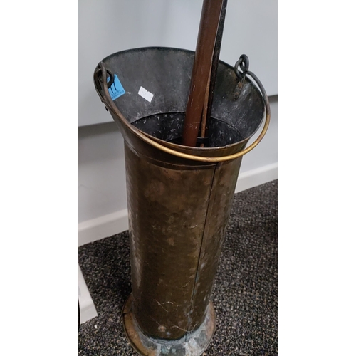 77 - Tall brass coal scuttle with fishing rods and shooting stick seat stand