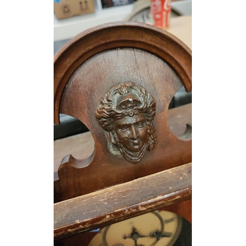 223 - Wooden Wall Clock with key, brass Pendulum and ornate top detailing