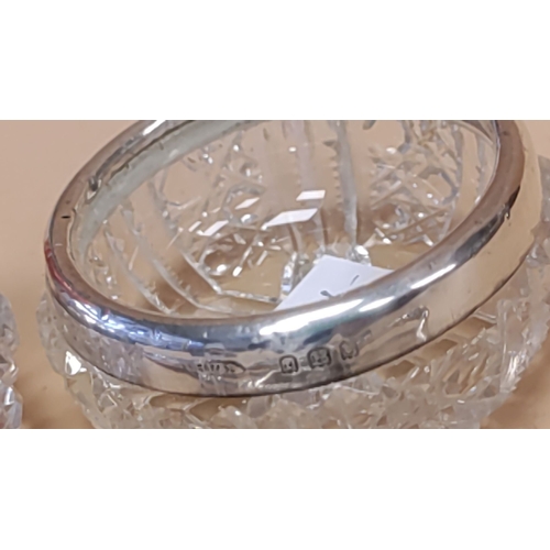 274 - Pair of cut crystal and Birmingham hallmarked silver rimmed salts and silver plated decorative grape... 