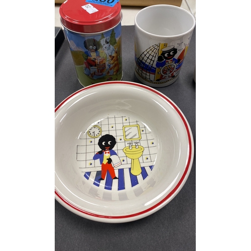 280 - Robertson and sons Breakfast set comprising bowl, mugs and egg cup. Also includes a tin