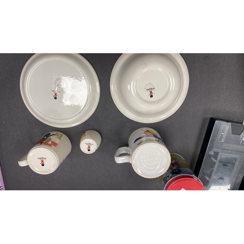 280 - Robertson and sons Breakfast set comprising bowl, mugs and egg cup. Also includes a tin