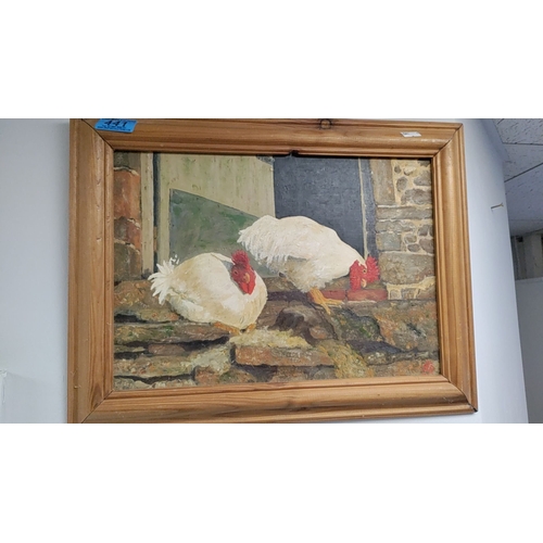 441 - Original oil on canvas "Hens" By Bryan Burke. Evershot, Dorset.