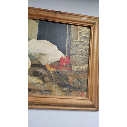 441 - Original oil on canvas "Hens" By Bryan Burke. Evershot, Dorset.