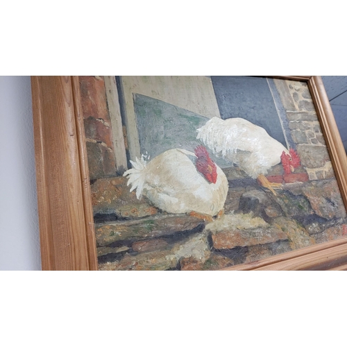 441 - Original oil on canvas "Hens" By Bryan Burke. Evershot, Dorset.