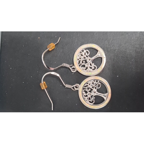 491 - Pair of 925 silver Tree of life earrings with Fire Opal settings